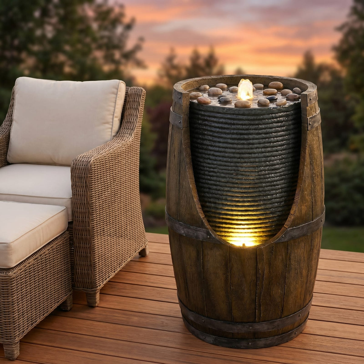 Grayish Green Resin Barrel Water Fountain Outdoor Patio Decor