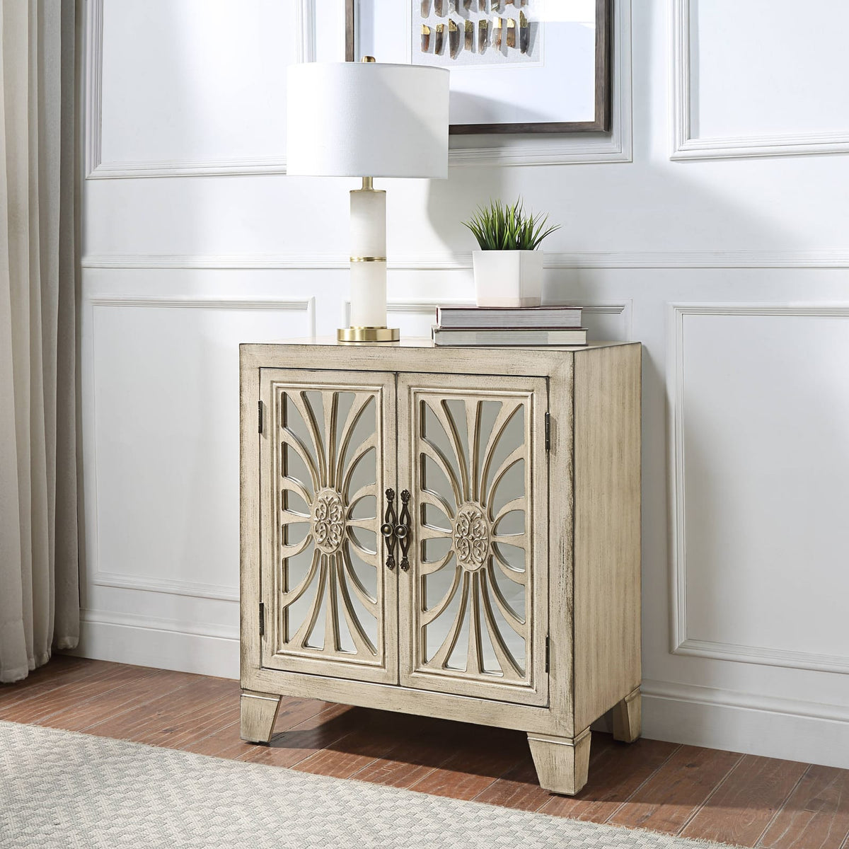 Antique White Console Table with Mirrored Doors - Storage & Style for Living Room