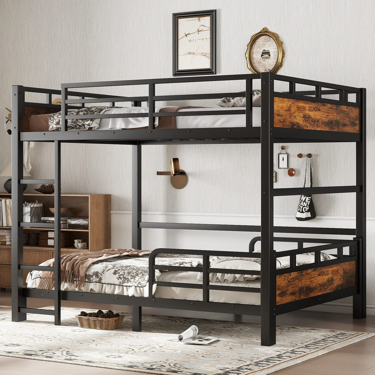 Full over Full Metal Bunk Bed - Black+Vintage for Bedroom