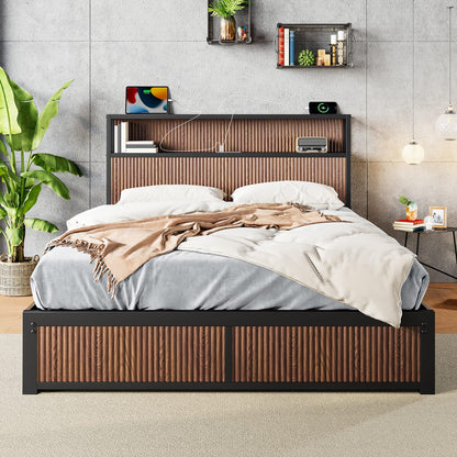 Queen Iron Bed Frame with Natural Wood Headboard & Storage for Bedroom