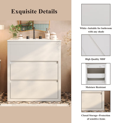 30 inch White Bathroom Vanity with Ceramic Sink and Soft Close Drawers