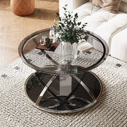 31.5" Modern Glass Coffee Table - Silver, Dual Tier Storage for Living Room