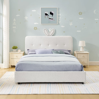 Full Size Kids Bed with Storage - Beige Boucle Fabric