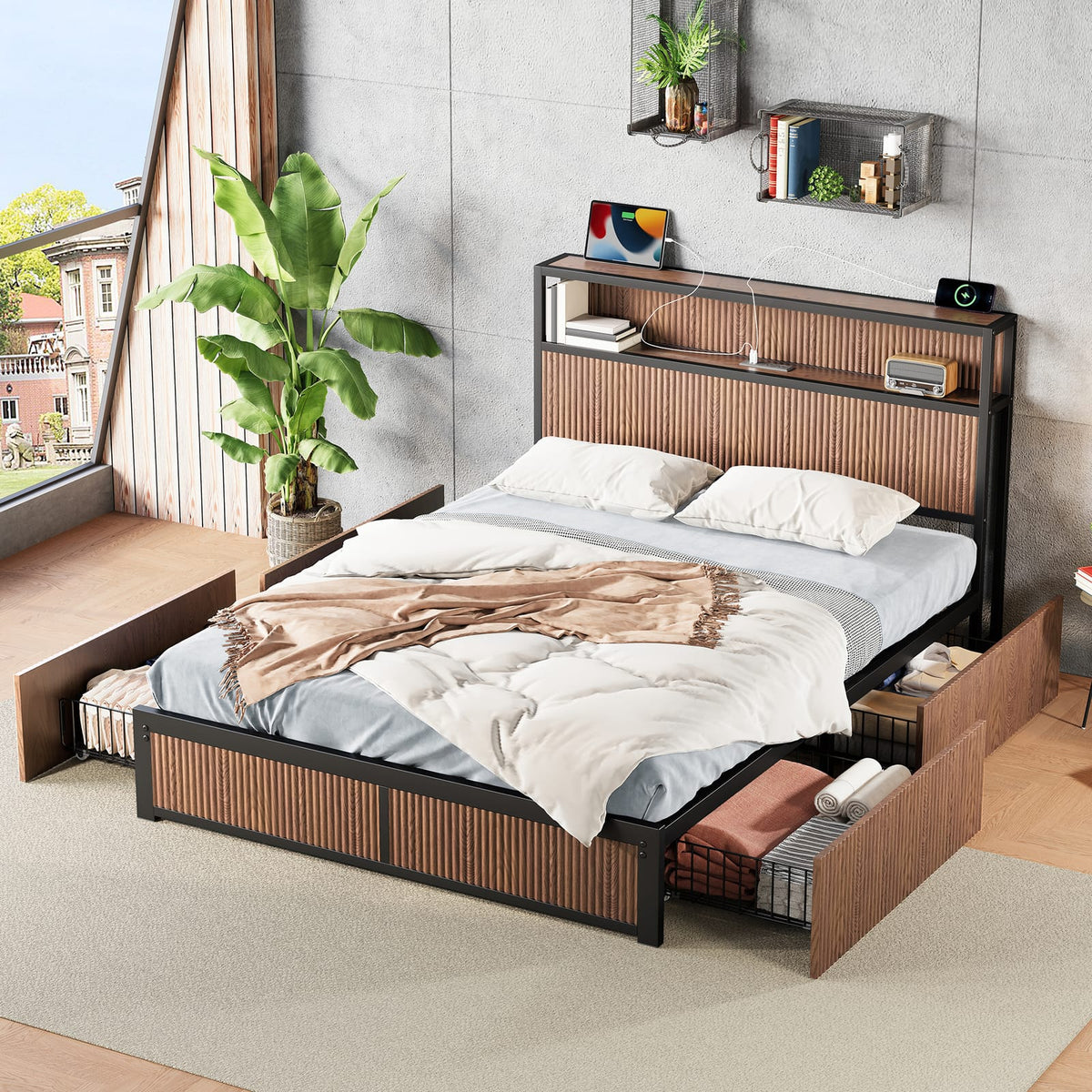 Queen Iron Bed Frame with Natural Wood Headboard & Storage for Bedroom