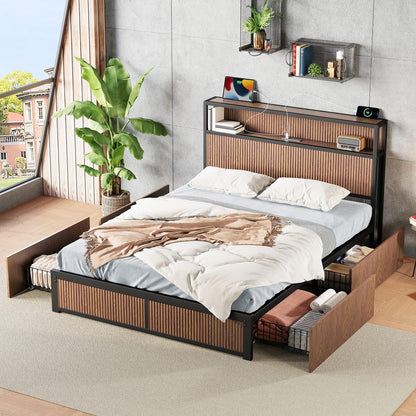 Queen Iron Bed Frame with Natural Wood Headboard & Storage for Bedroom