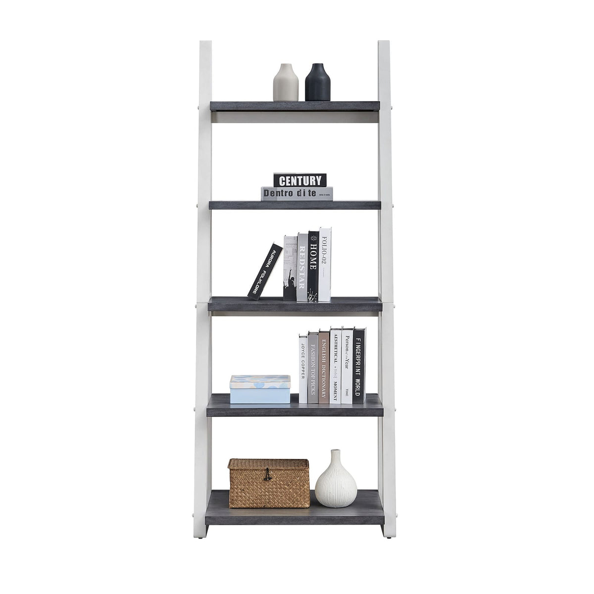 5-Tier Shelves - Grey+White Solid Wood Storage Rack for Home Office & Living Room