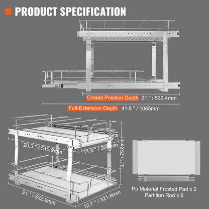 Silver Metal Cabinet Organizer - 2 Tier Pull Out Shelves