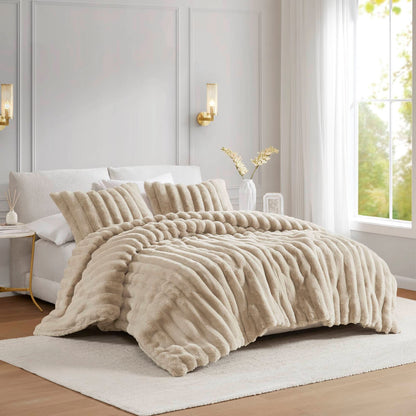 Taupe Faux Fur King Comforter Set with 2 Shams