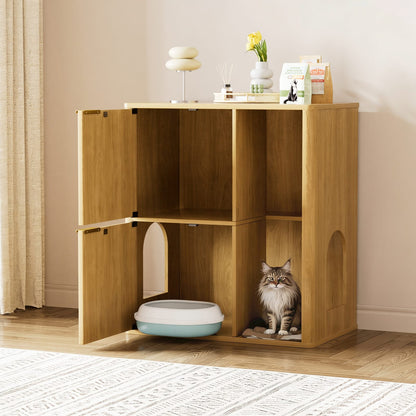 Natural Wood Cat Litter Cabinet with Storage and Dual Entry Doors