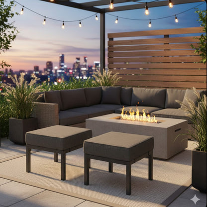 Set of 2 Patio Ottomans Dark Gray Cushions Outdoor Footrests