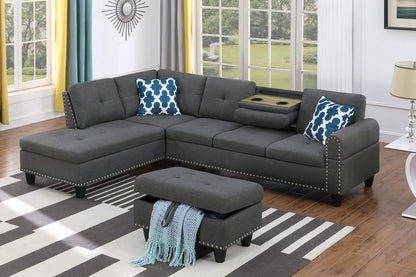 Dark Gray Linen Corner Sofa - 3 Seat with Storage