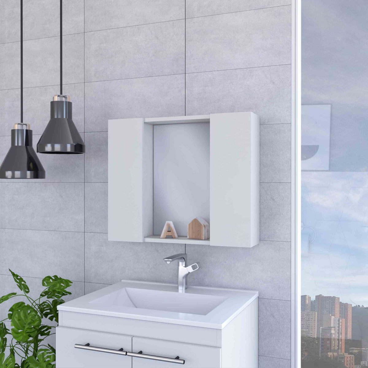 Modern Wall Mounted Bathroom Storage Cabinet in White Engineered Wood