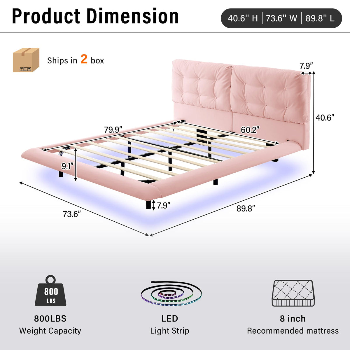 Queen Pink Upholstered Bed Frame - Button Tufted Headboard, No Box Spring Needed