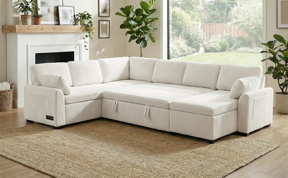 Convertible Sectional Sofa - 5 Seat Beige Corduroy for Living Room