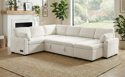 Convertible Sectional Sofa - 5 Seat Beige Corduroy for Living Room