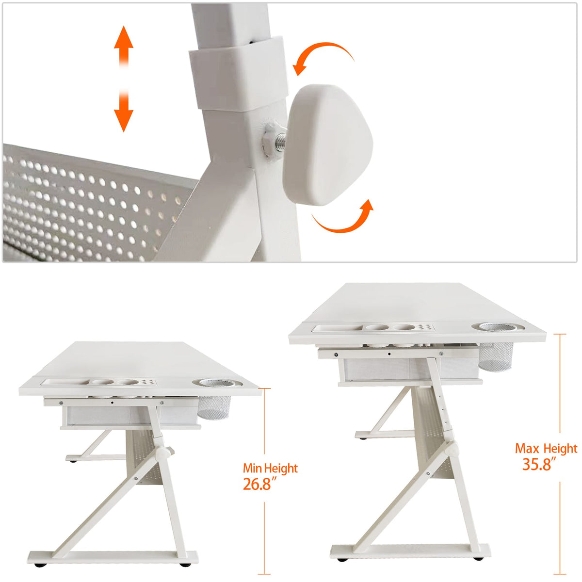 Adjustable Drafting Desk - White with 2 Drawers & Stool