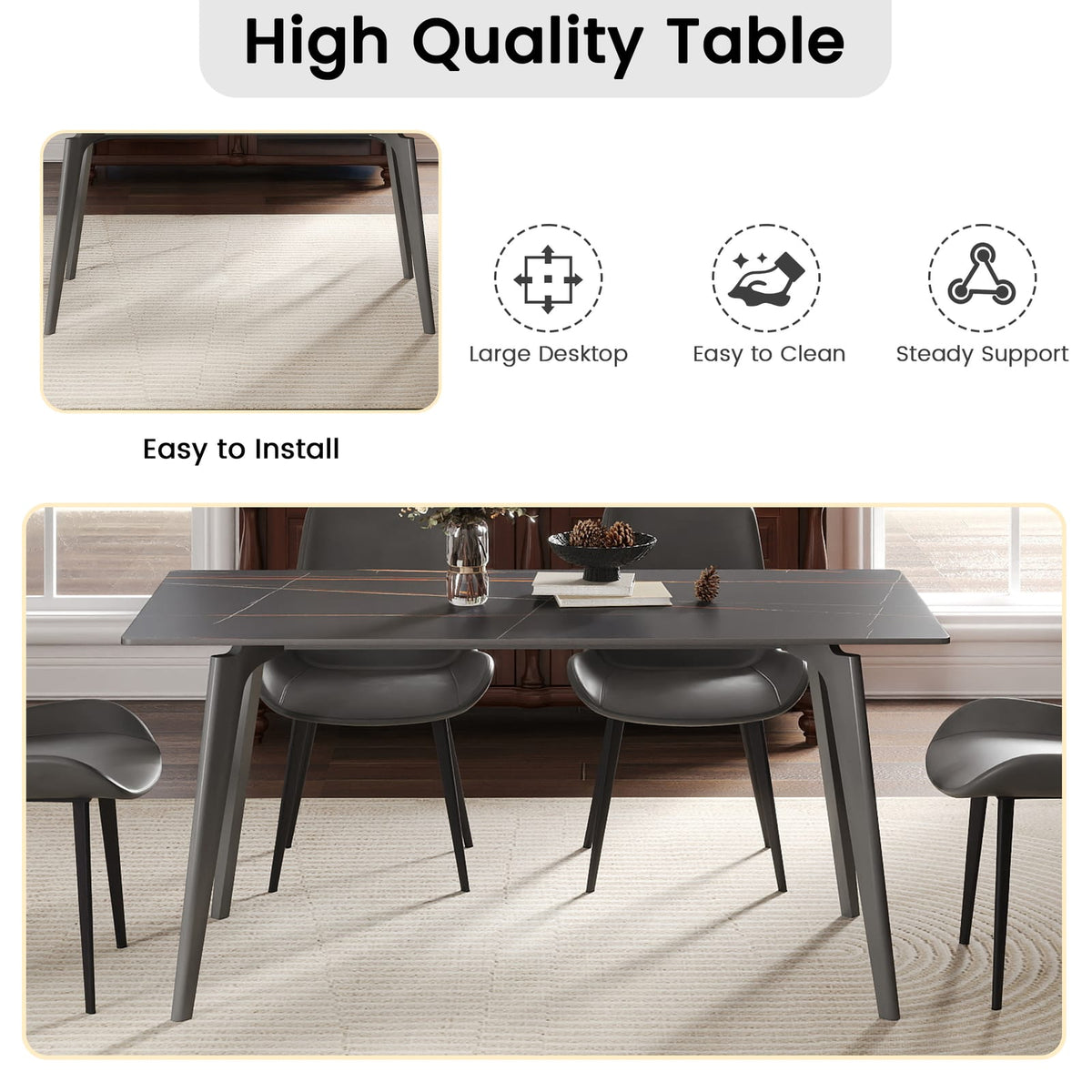 62.99" Modern Black Dining Table - Sintered Stone, 6-8 Seats