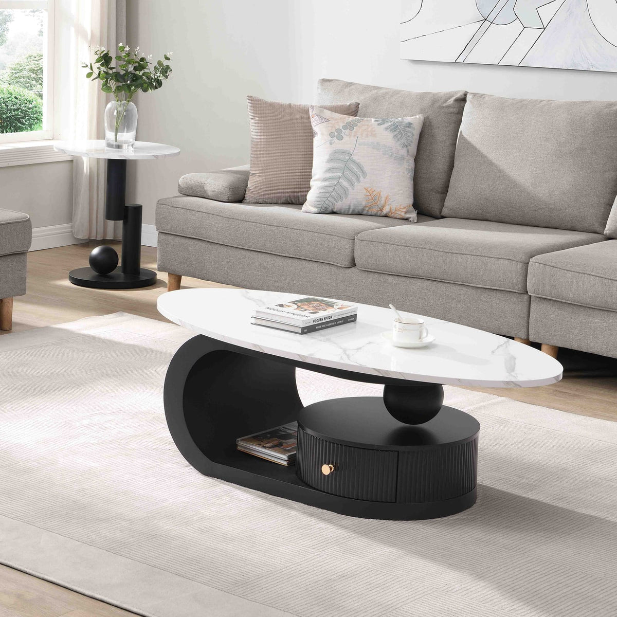 Modern Nesting Coffee Table Set of 2 End Tables - White+Black MDF Iron
