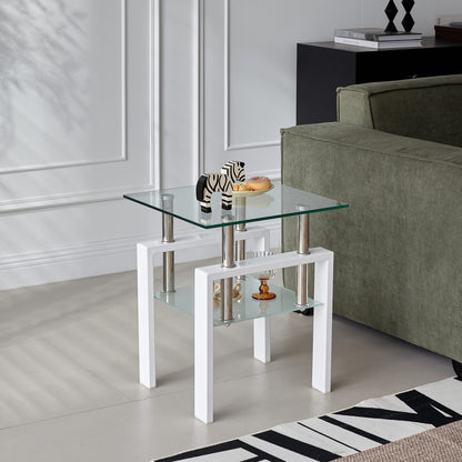Clear Tempered Glass End Table - 2 Tier Small Table for Living Room