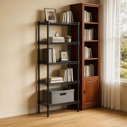 5-Tier Black Wire Shelving Unit - Adjustable Storage Rack for Living Room