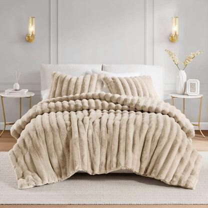 Taupe Faux Fur King Comforter Set with 2 Shams