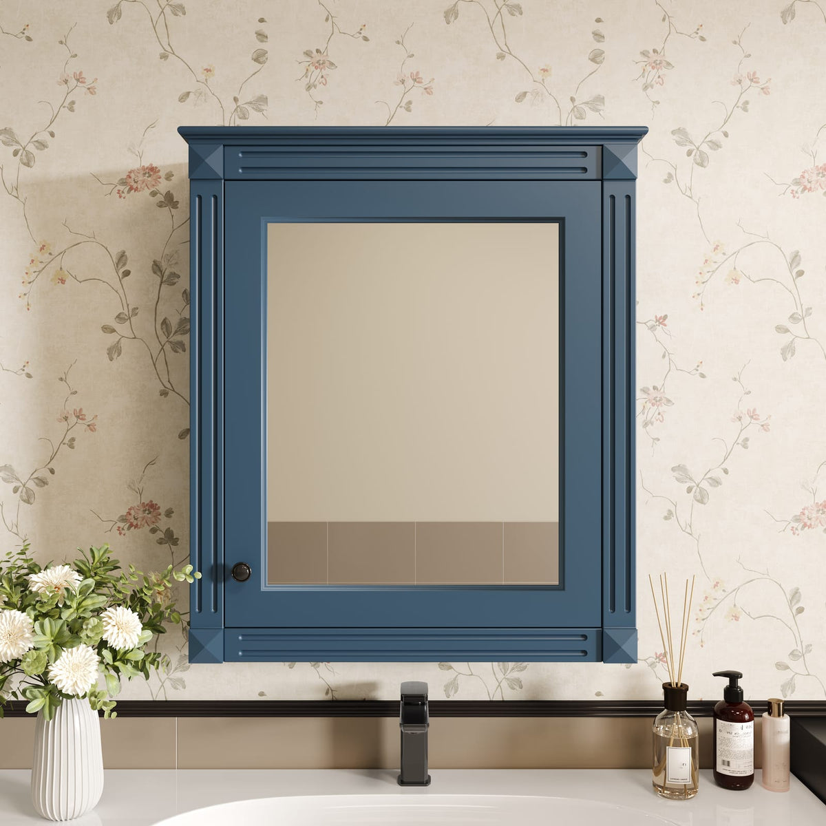 24'' Wall Mounted Bathroom Cabinet with Mirror - Blue MDF