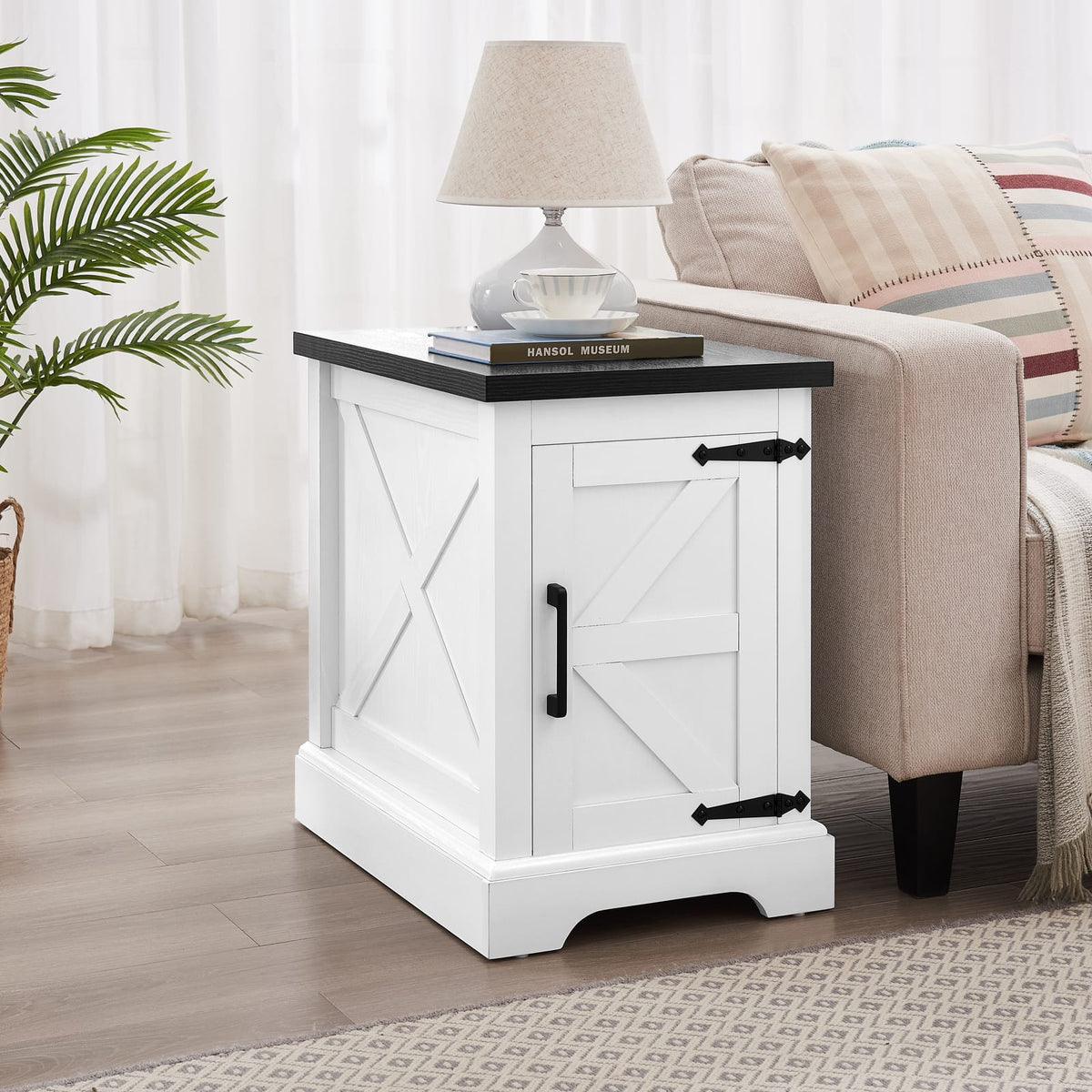 White+Black Farmhouse End Table - Nightstand with Storage