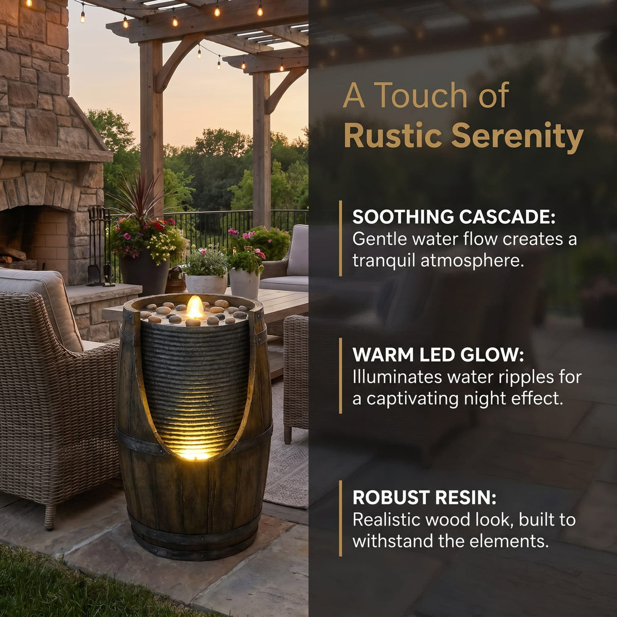 Grayish Green Resin Barrel Water Fountain Outdoor Patio Decor