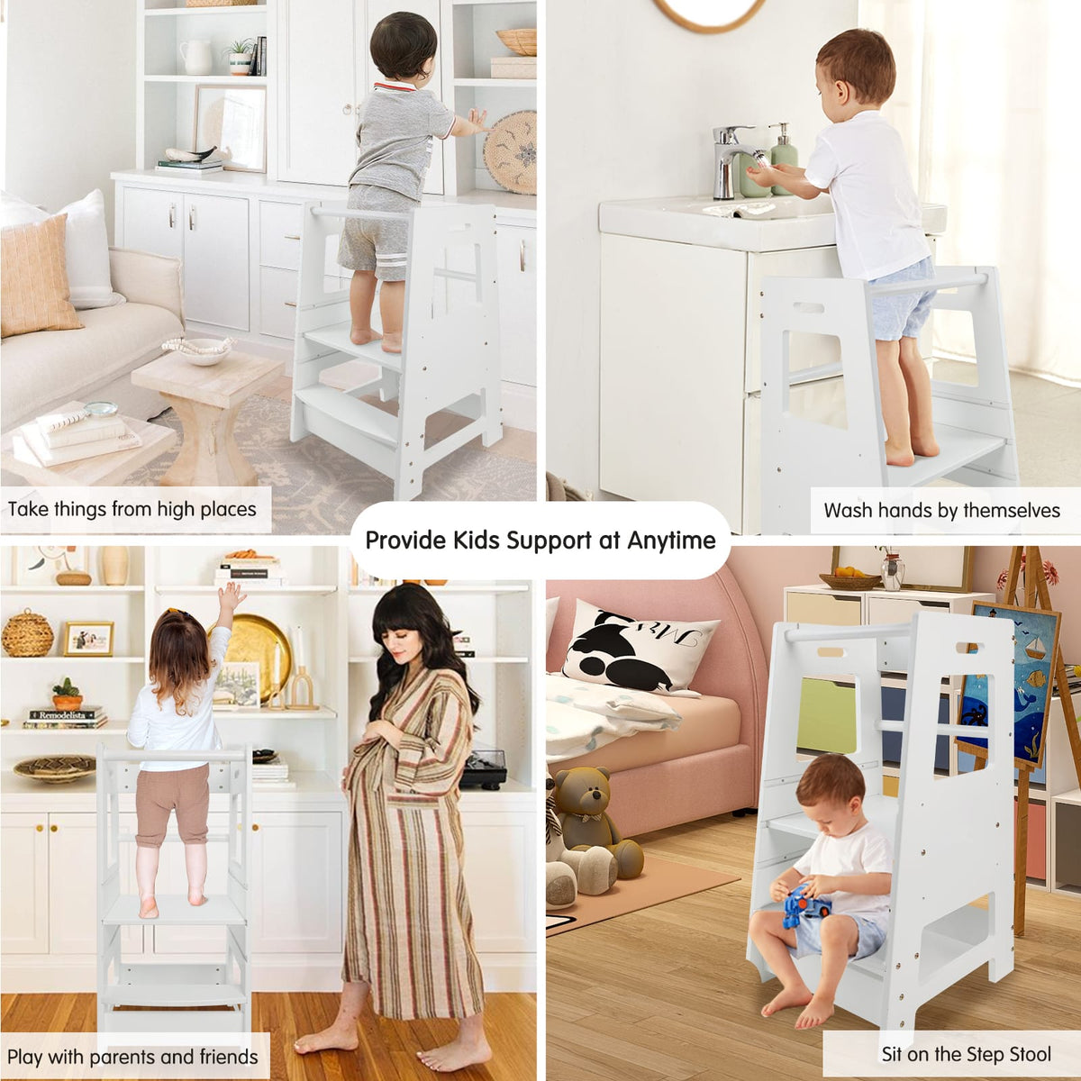 Adjustable Height Wooden Step Stool for Kids - White