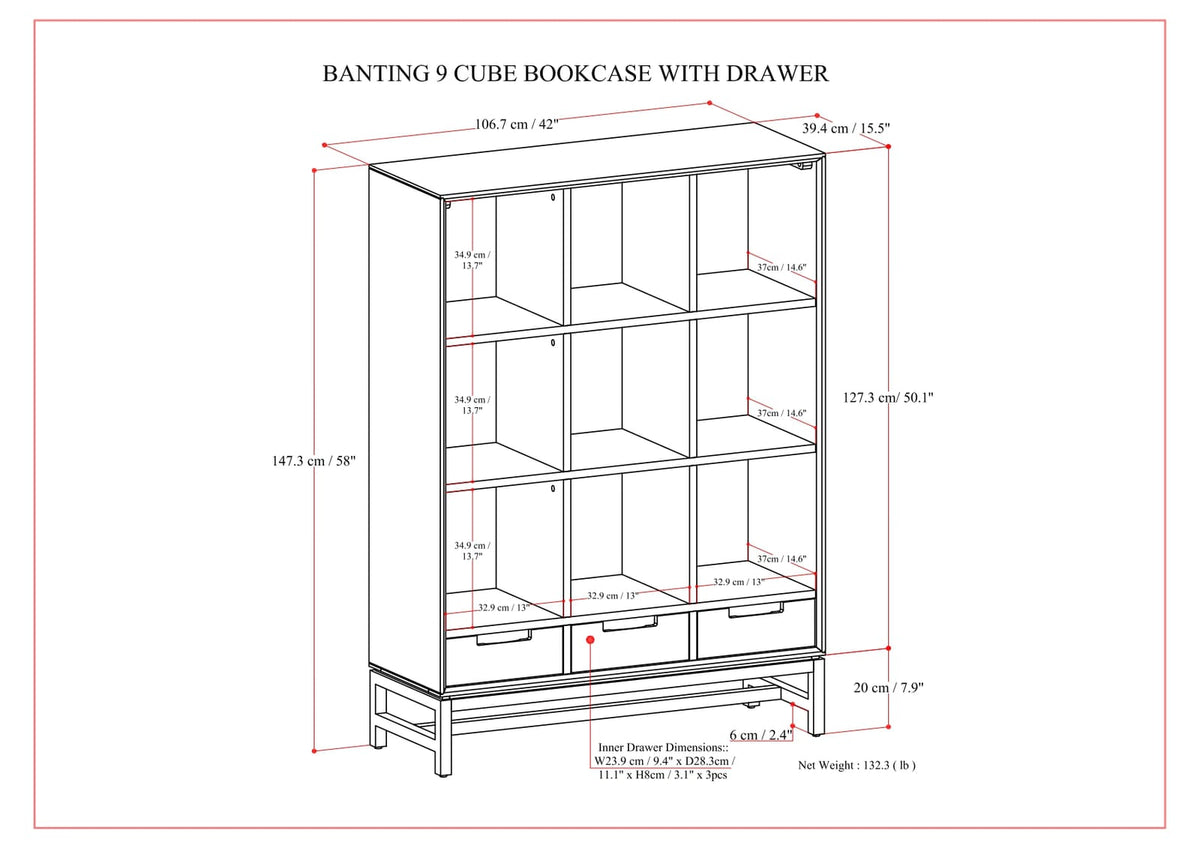 Walnut Brown 9-Cube Bookcase with Drawers - Office Storage