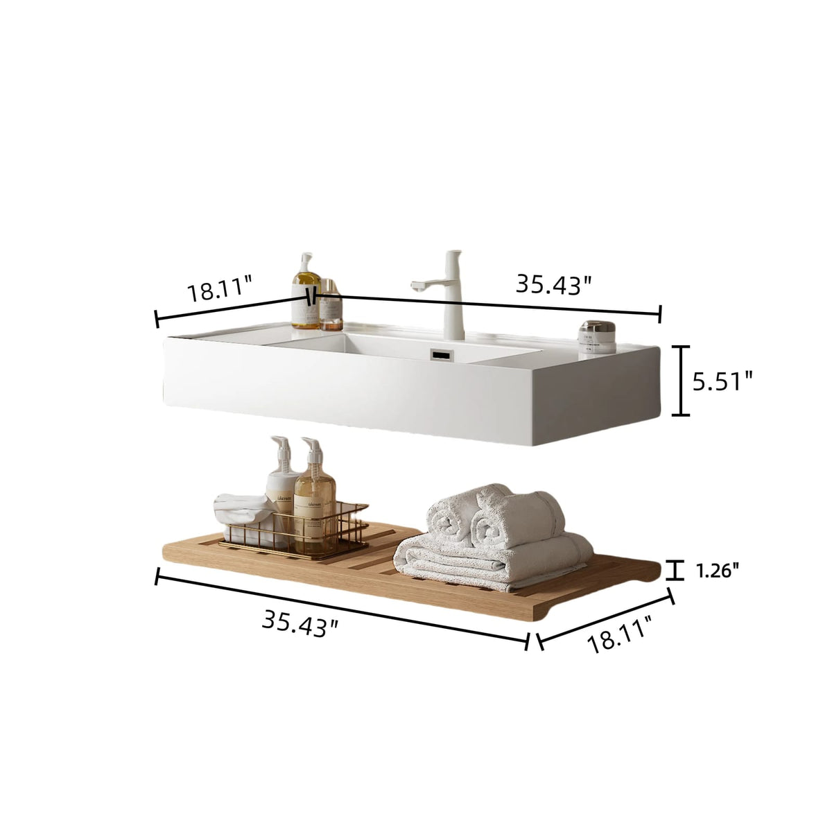 36" Natural Wood Bathroom Vanity with White Acrylic Sink