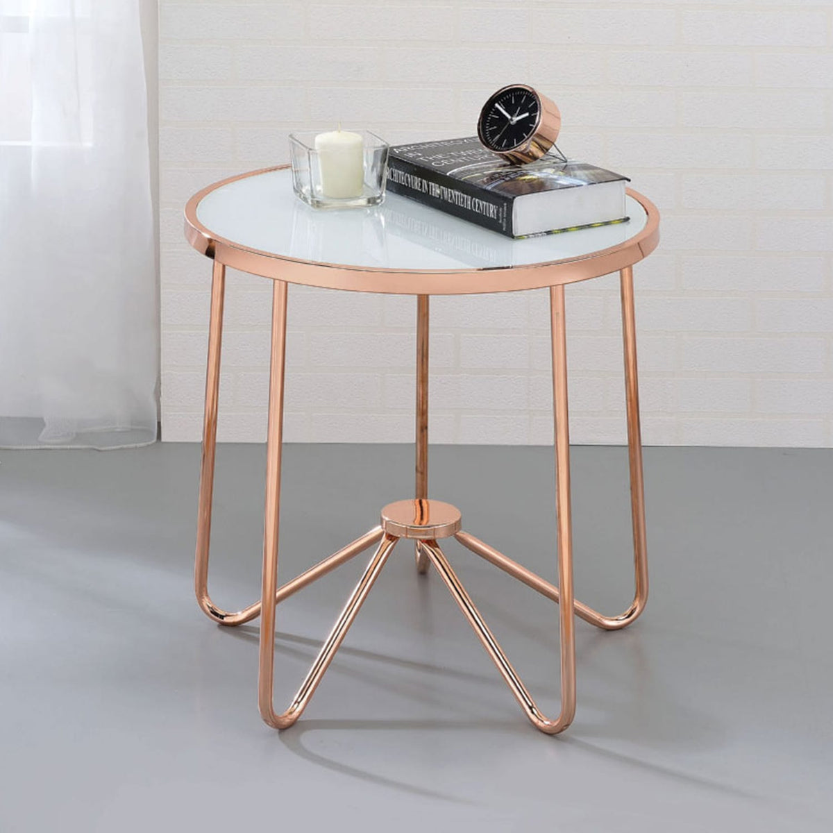White Frosted Glass Round Table - Rose Gold Accent