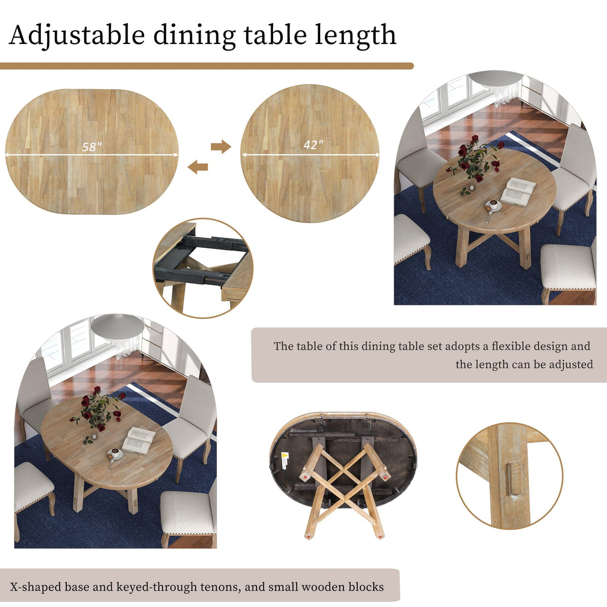 TREXM Farmhouse Round Extendable Dining Table - Natural Wood Wash