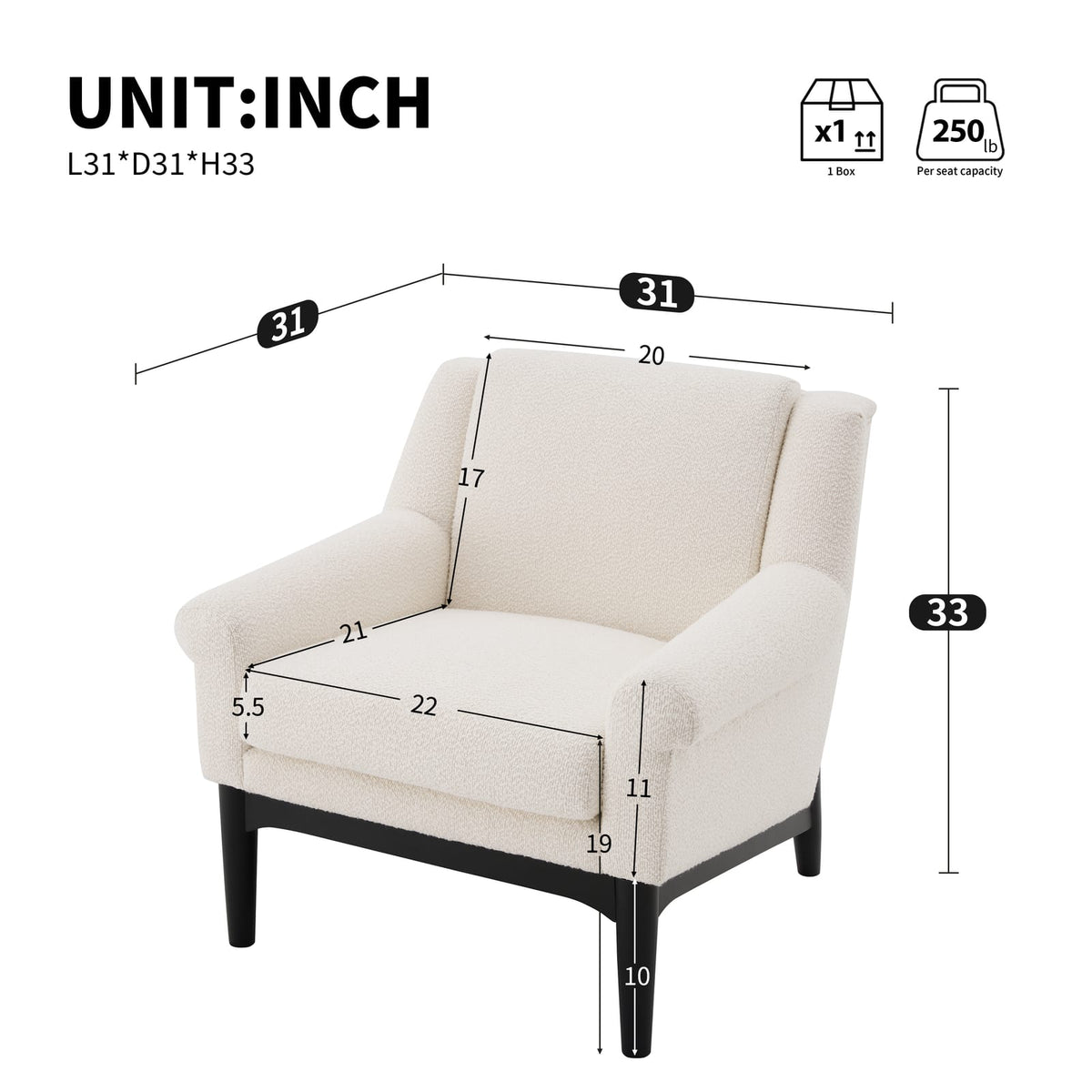 Beige Boucle Accent Chair - 31" Modern Lounge Chair for Living Room