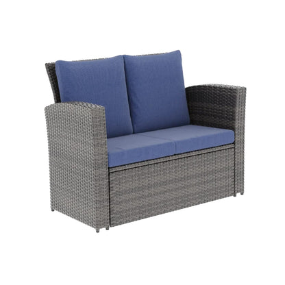 Blue Brown PE Rattan Patio Set with Glass Table for Poolside for Outdoor