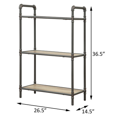 Antique Oak & Sandy Grey 3-Tier Bookcase - Industrial Style Shelving Unit