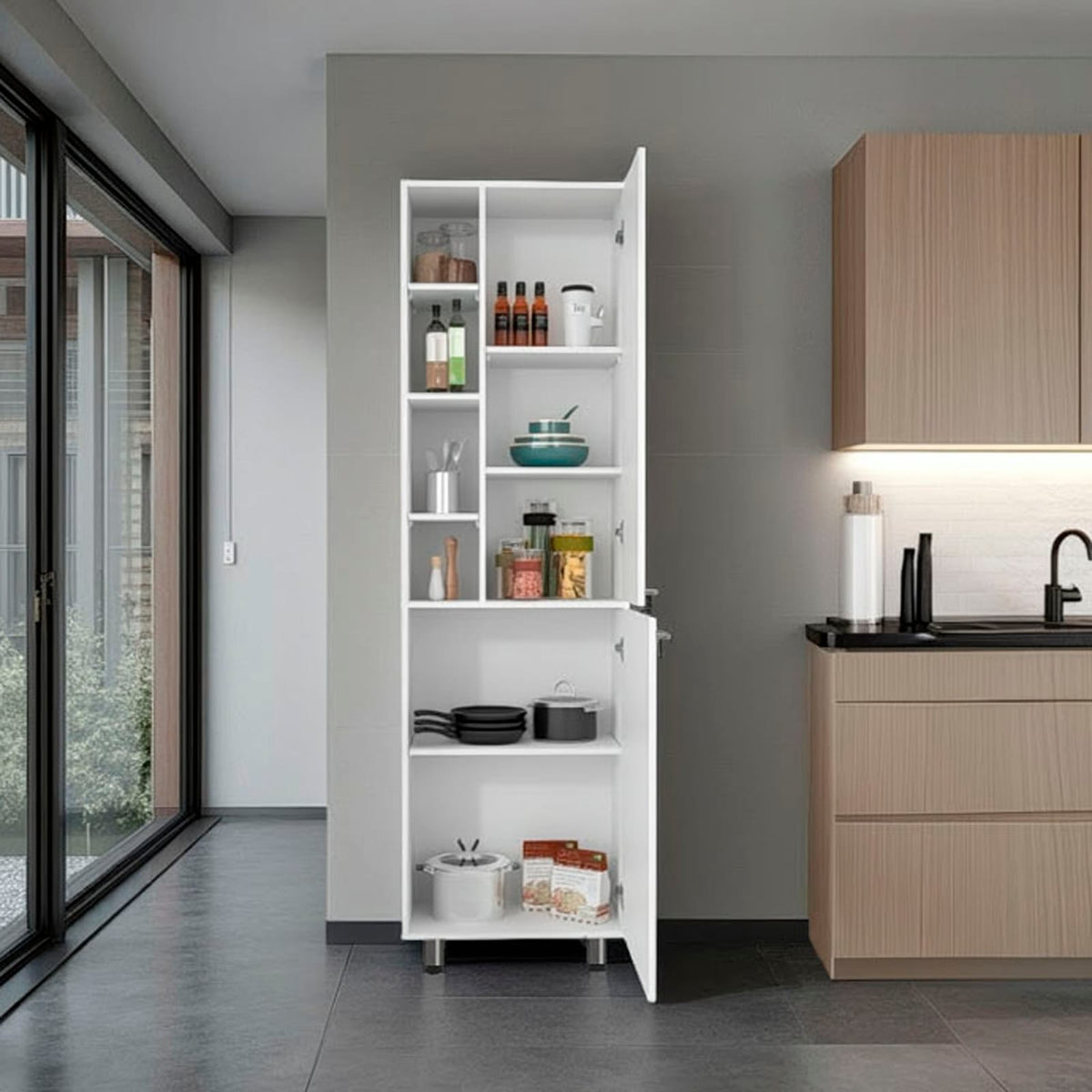 Living Room White Kitchen Pantry Cabinet - 13.1 x 23.1 x 80.3", Adjustable Shelves