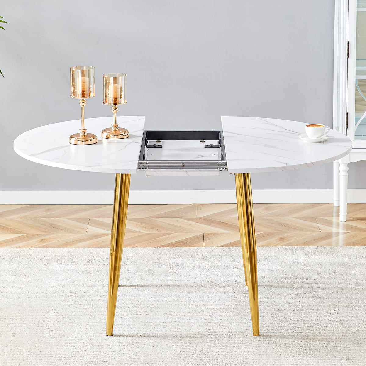 Extendable Round Dining Table - White+Gold MDF Metal for Dining Room