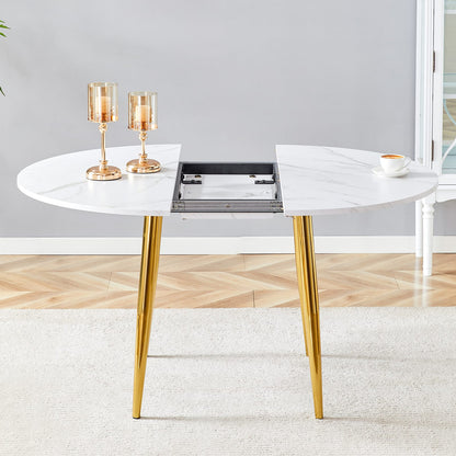 Extendable Round Dining Table - White+Gold MDF Metal for Dining Room