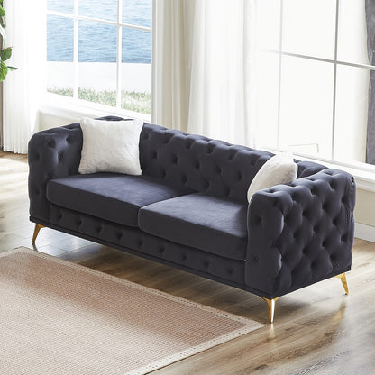 Black Velvet 3 Seat Chesterfield Sofa with Tufting for Living Room