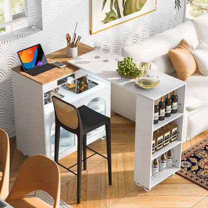 White Rolling Kitchen Island with LED Lights and Storage