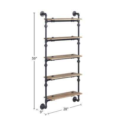 5 Tier Oak Floating Wall Shelves - Metal Frame