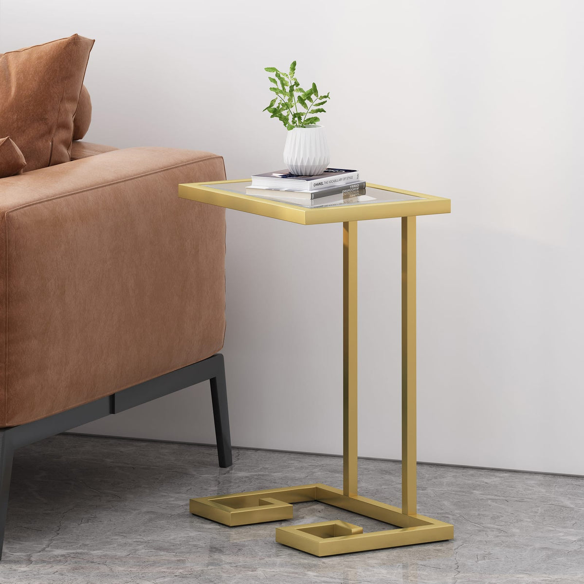 Gold Iron C-Shaped End Table with Tempered Glass Top for Living Room