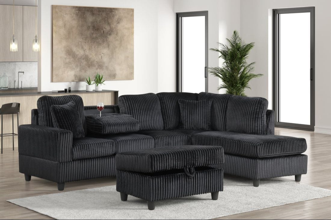 102" Black Linen Sectional Sofa - 5 Seat L-Shaped Couch