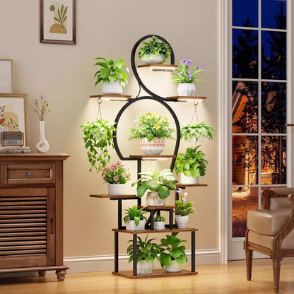 9 Tier Plant Stand Indoor with Grow Light - Walnut+Black