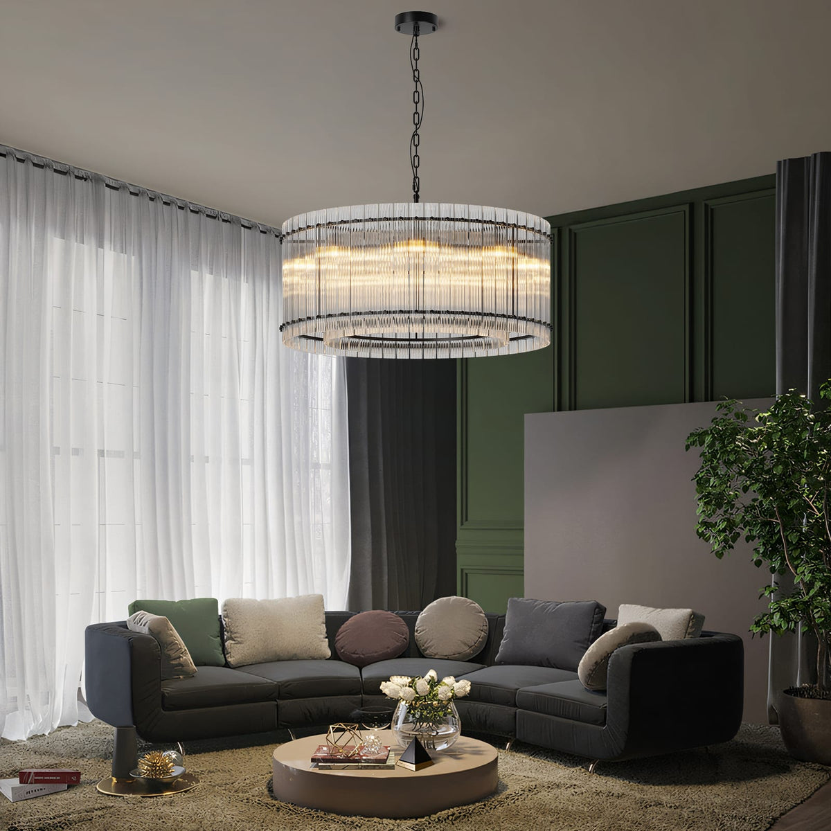 37 Inch Black Round Chandelier - Modern Water Wave Design