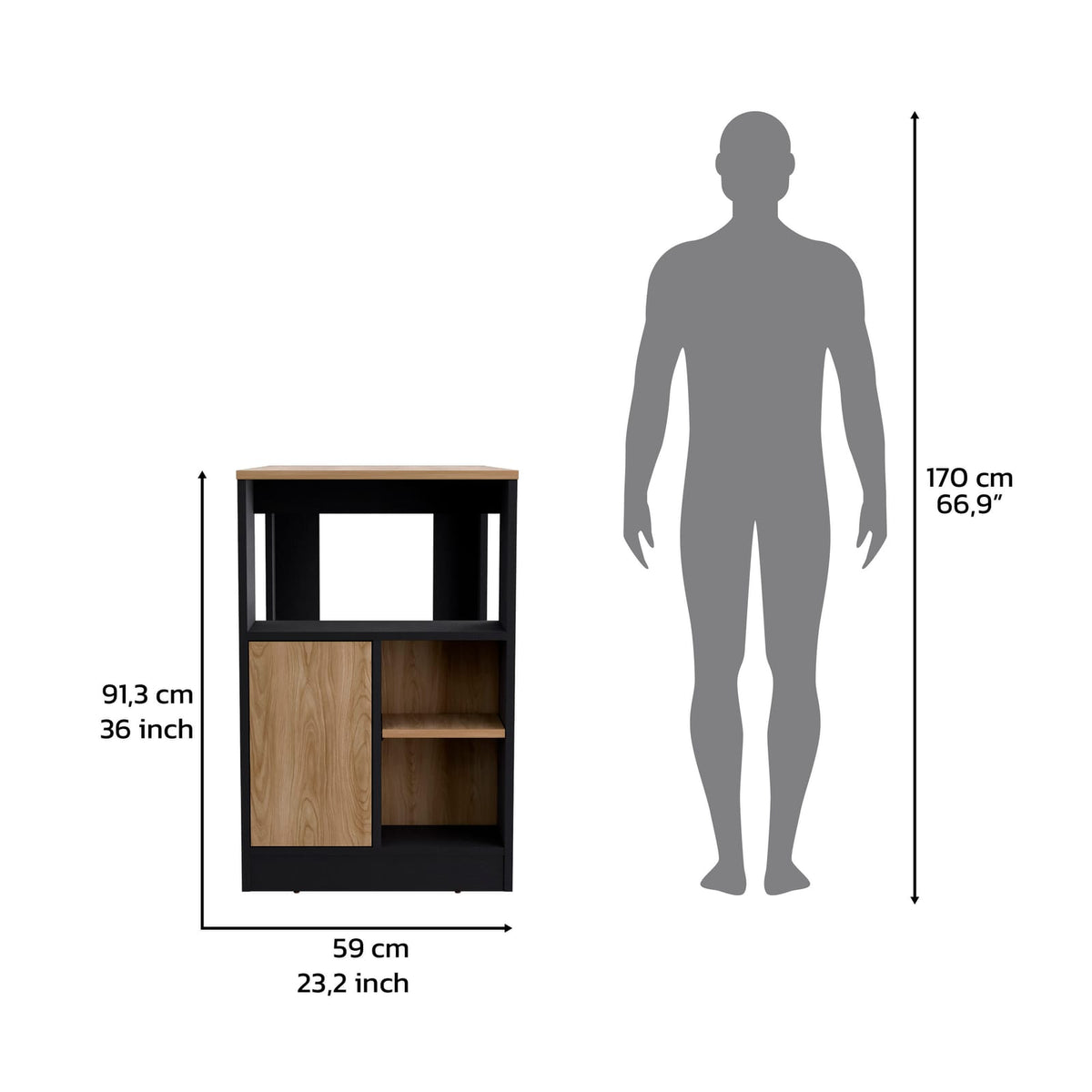 36" Kitchen Island - Black & Natural Oak Engineered Wood