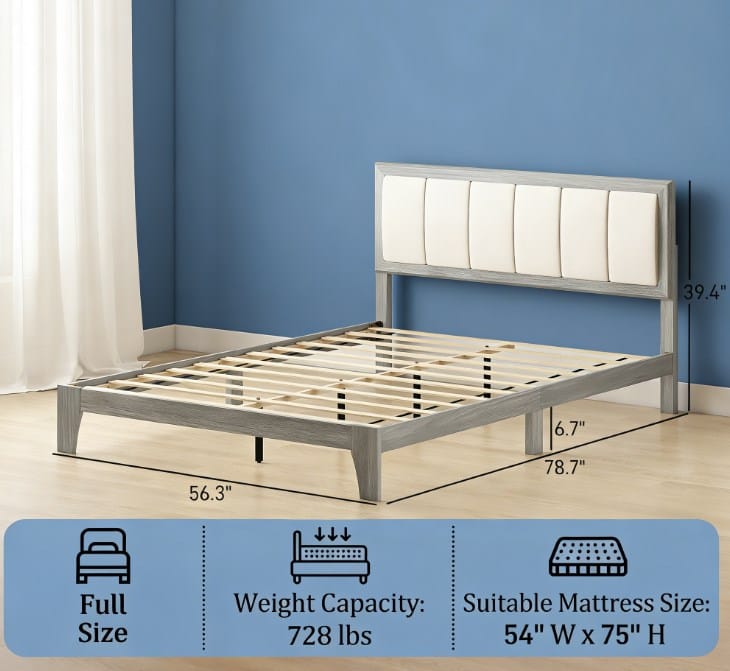 Queen Bed Frame Beige Gray Linen Look Headboard