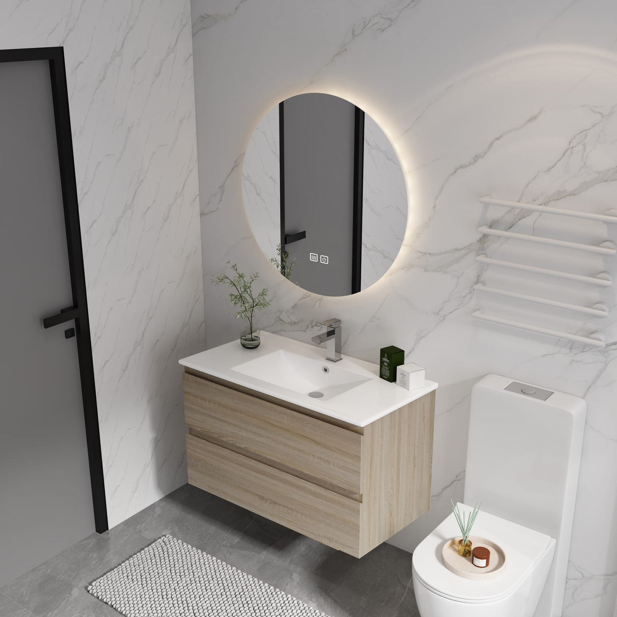 36" Wall-Mounted Bathroom Vanity - Light Oak, 2 Drawers