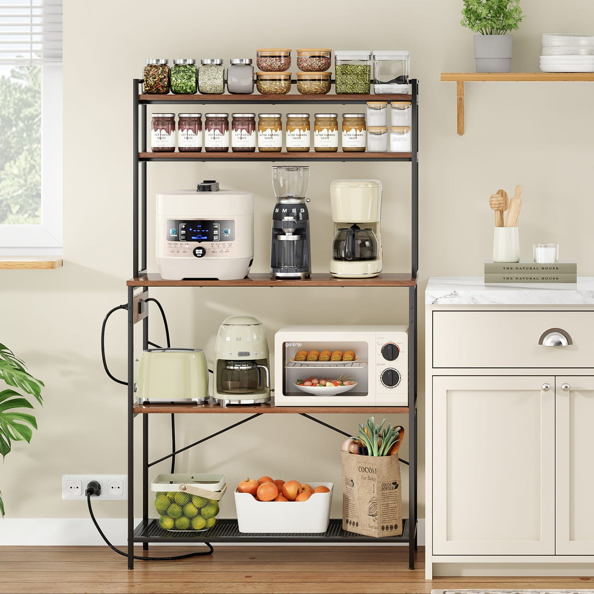 Large 5-Tier Bakers Rack with Electrical Outlets - Walnut Kitchen Storage Shelf